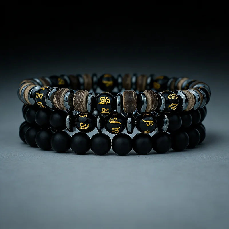 Natural Stone Men’s Beaded Bracelet Set - Onyx, Tiger Eye, Wooden Charm Gift