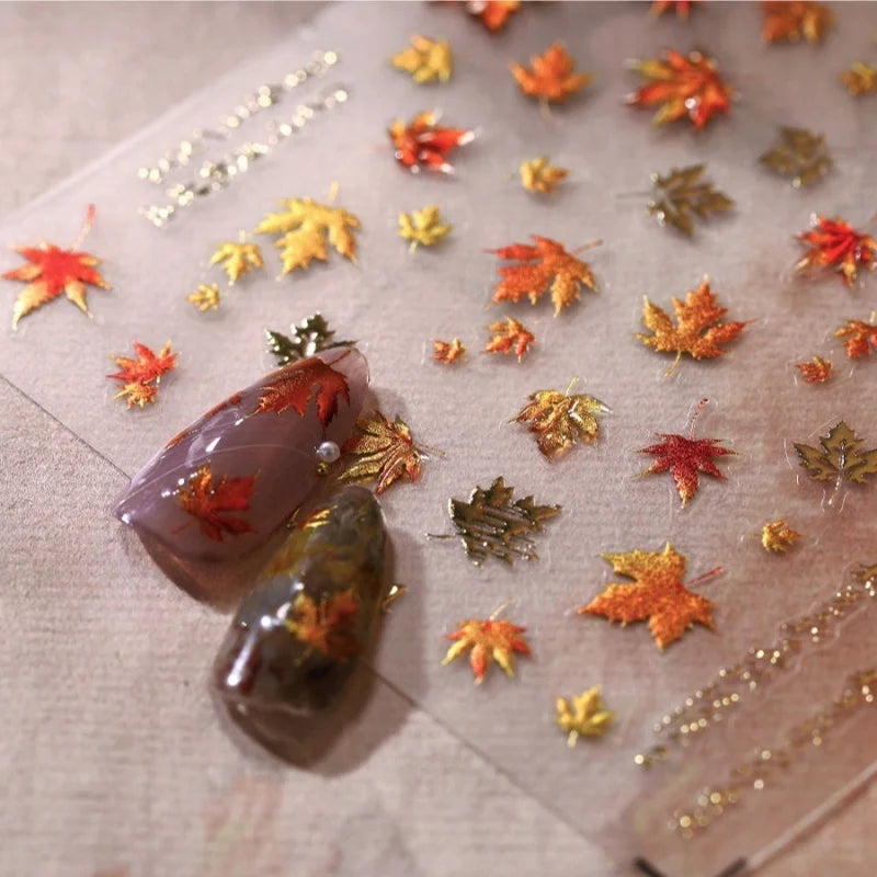 Autumn Maple Leaf Nail Art Stickers - 5D Relief Shiny Golden Jelly Decals for Manicure