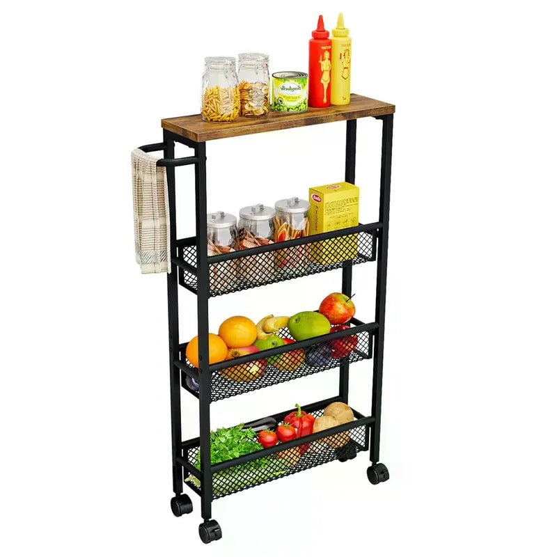 Slim Narrow Rolling Cart with 4 Tiers and Metal Handle for Small Space Storage
