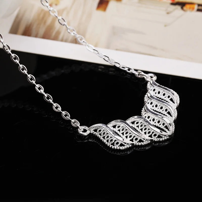 Sterling Silver Leaf Necklace and Earrings Jewelry Set for Women - Retro Elegant Design