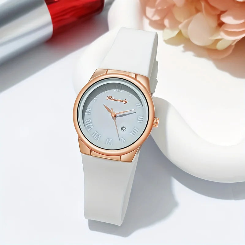 Women’s Fashion Quartz Watch with Silicone Band and Calendar Function
