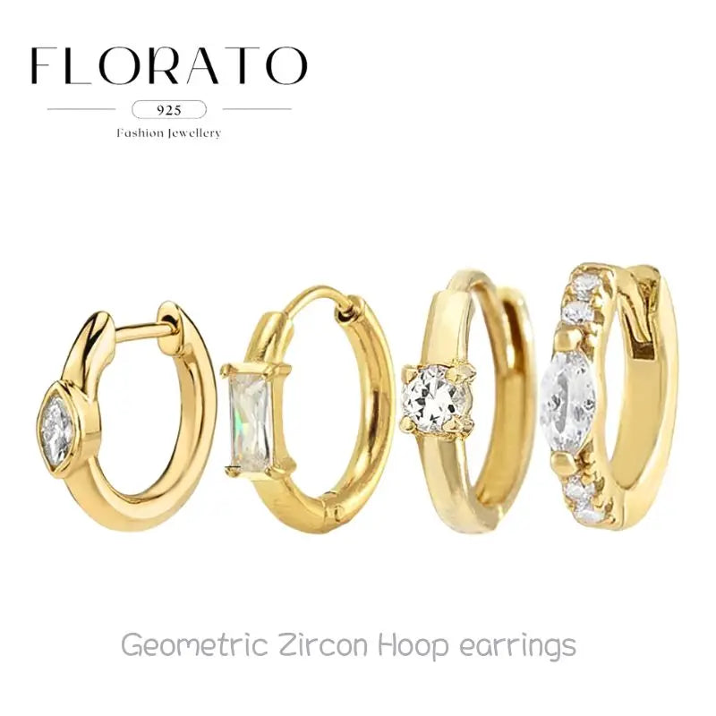 Sterling Silver Geometric Hoop Earrings with Zircon - Multiple Colors