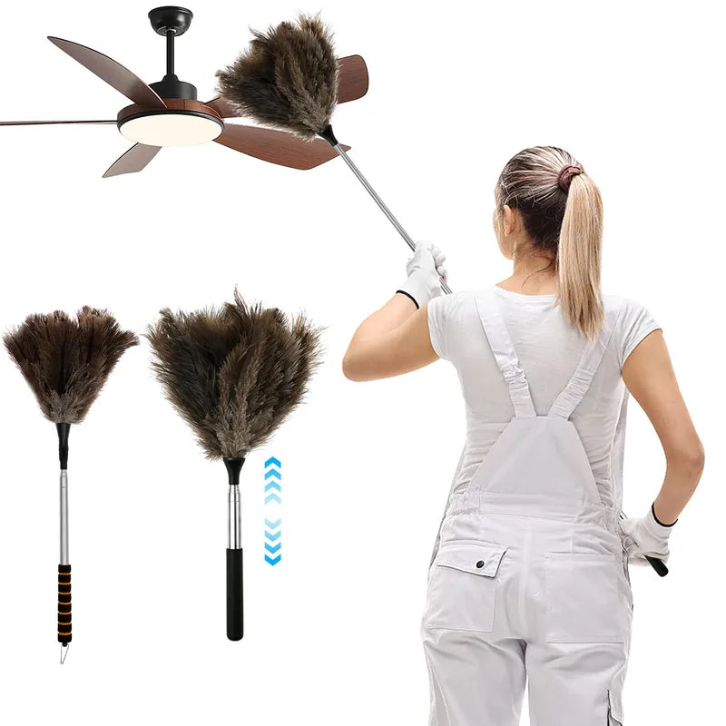 Extendable Ostrich Feather Duster for Ceiling Fans & Furniture Cleaning - Reusable Anti-Static Dusting Tool