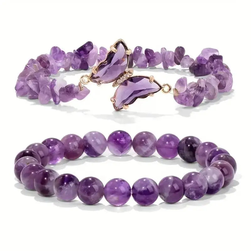 Beaded Butterfly Bracelet Set for Women - Amethyst Obsidian Stretch Bangles with Positive Energy