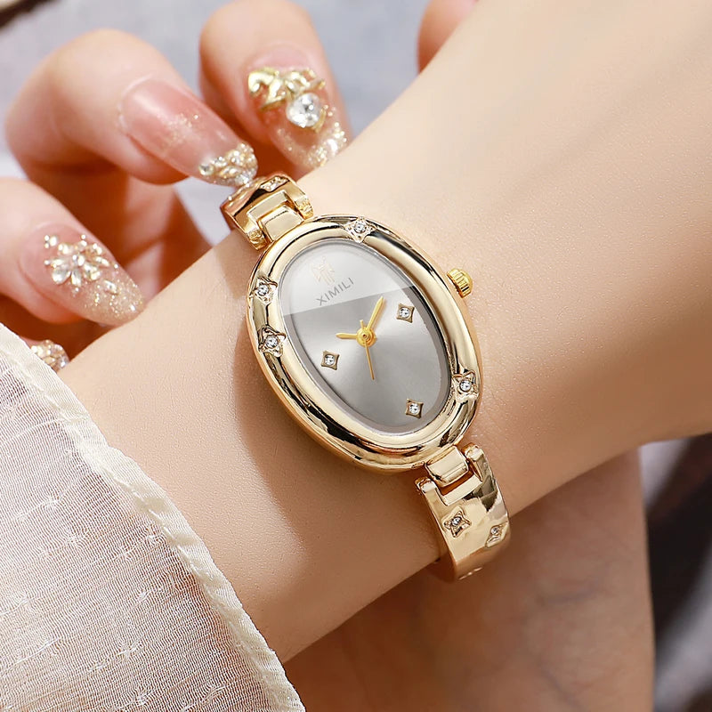 Elegant Oval Dial Women's Quartz Watch with Rhinestone Bracelet - Multiple Colors
