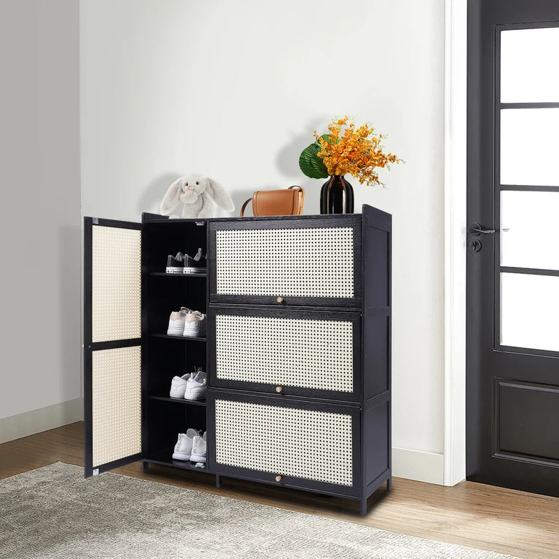 Bamboo Shoe Cabinet with Mesh Ventilation and Space Saving Doors - Entryway Organizer