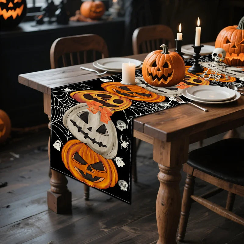 Bohemian Halloween Table Runner Decoration with Pumpkin Bat Skull Elements for Party Festive Decor