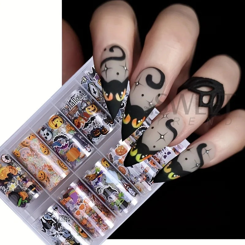 Halloween Nail Transfer Foils Set - Black Cat Bat Pumpkins Witches Starry Sky 10 Rolls