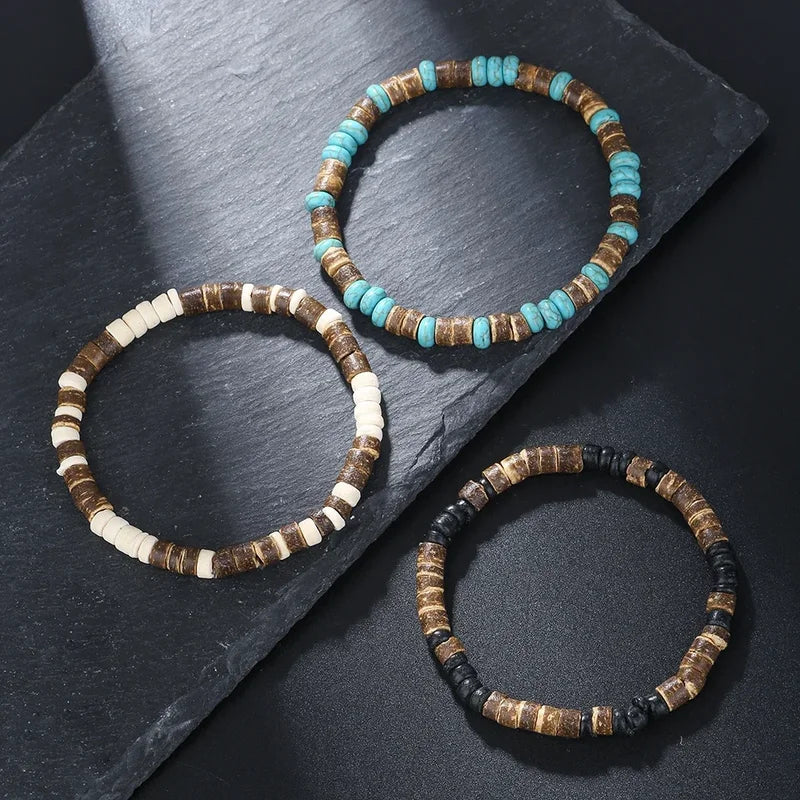 Beaded Wooden Bracelets for Men and Women - Handmade Turquoise & Natural Wood Stretch Jewelry