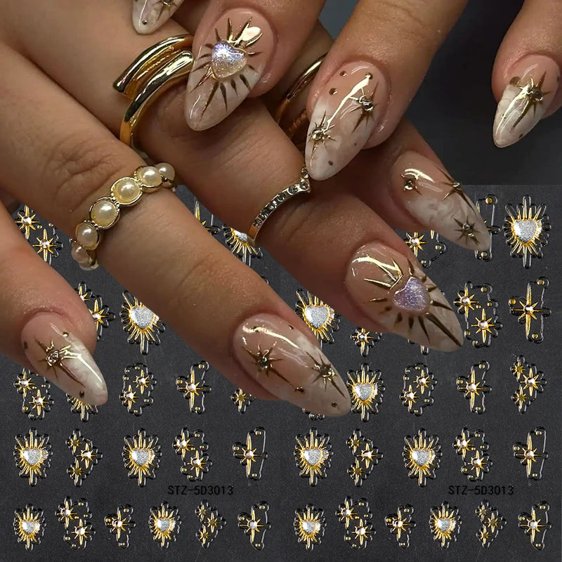 2Pcs Shiny Gold Heart and Star Nail Art Stickers - 3D Rhinestone Decals