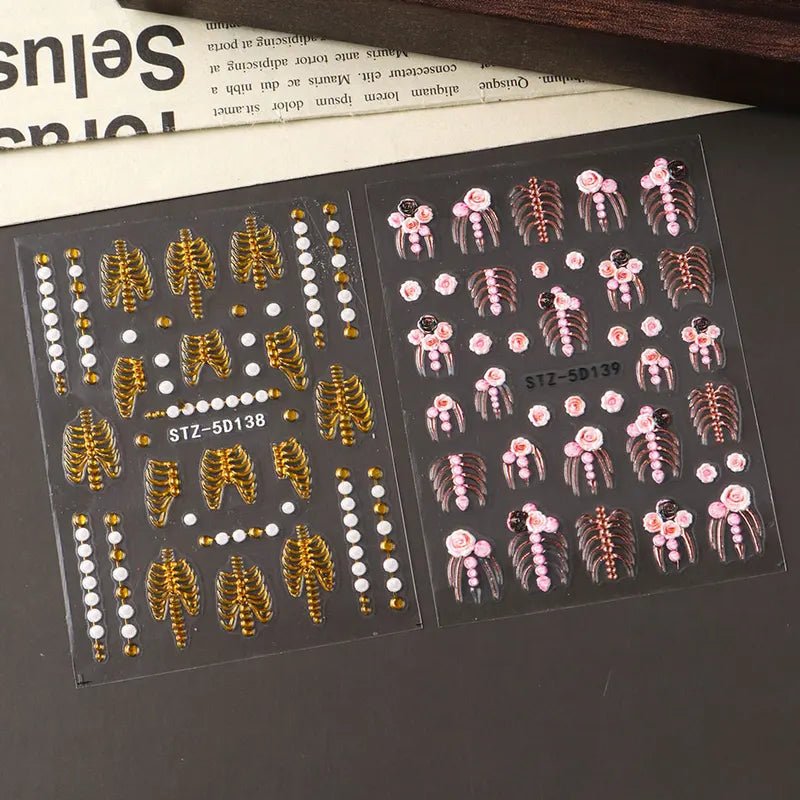Halloween 5D Embossed Skull Nail Stickers with Pink Roses and Gold Bones for Elegant Nail Art