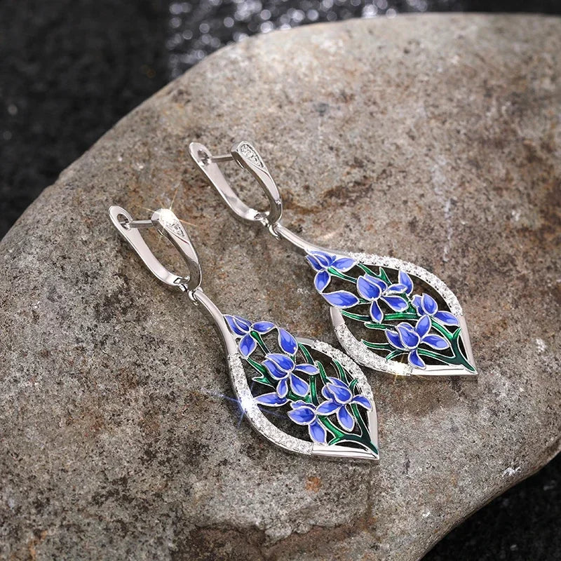 Elegant Purple Flower Pendant Earrings for Women Wedding Party Jewelry