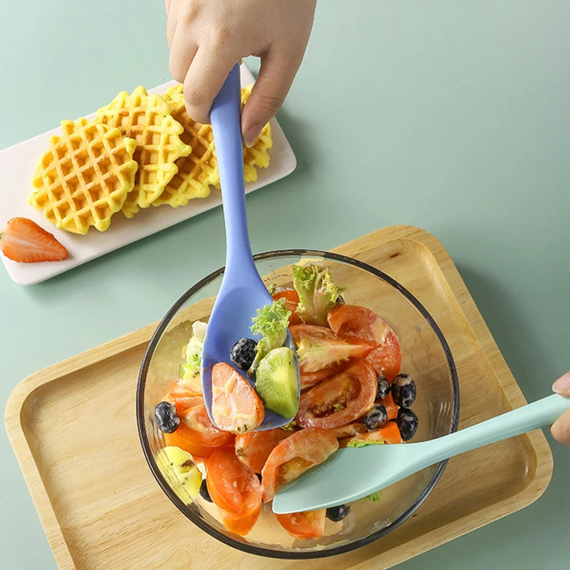 Silicone Flat Head Salad Spoon & Spatula Kitchen Utensil - All Colors