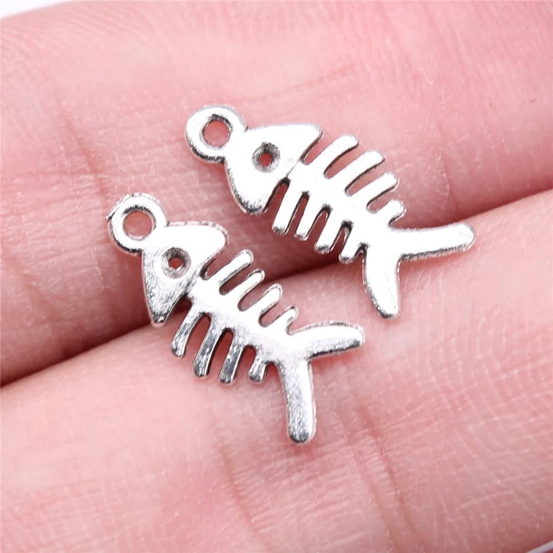 10Pcs Silver Fish Bone Pendant Charms for Jewelry Making DIY Accessories