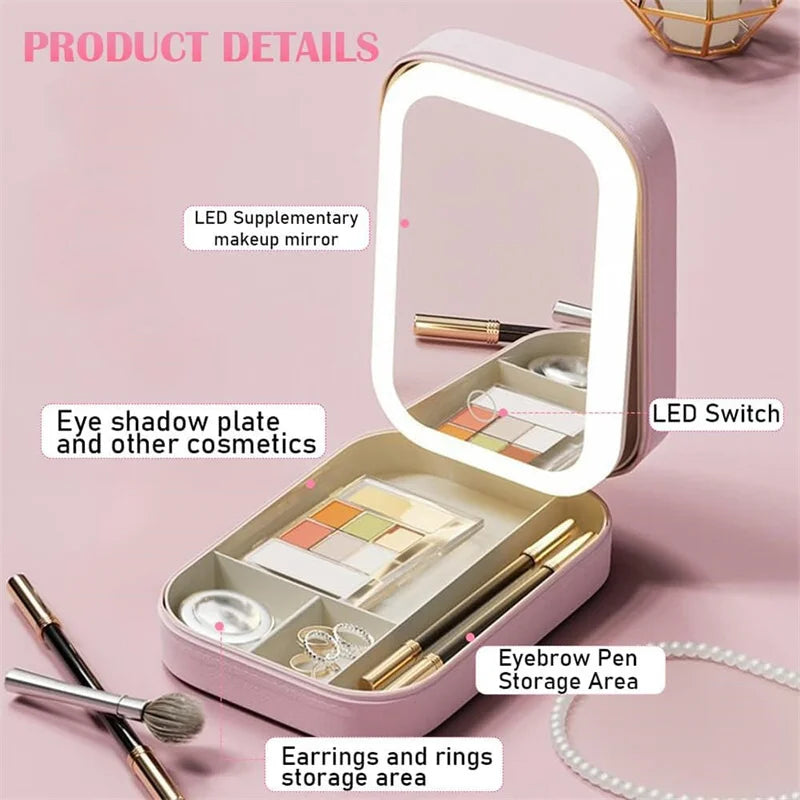 Travel Makeup Brush & Jewelry Storage Bag with LED Lighted Mirror