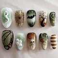 24 Pcs Halloween Ghost & Skull Fake Nails - Green & Brown Press On Nails