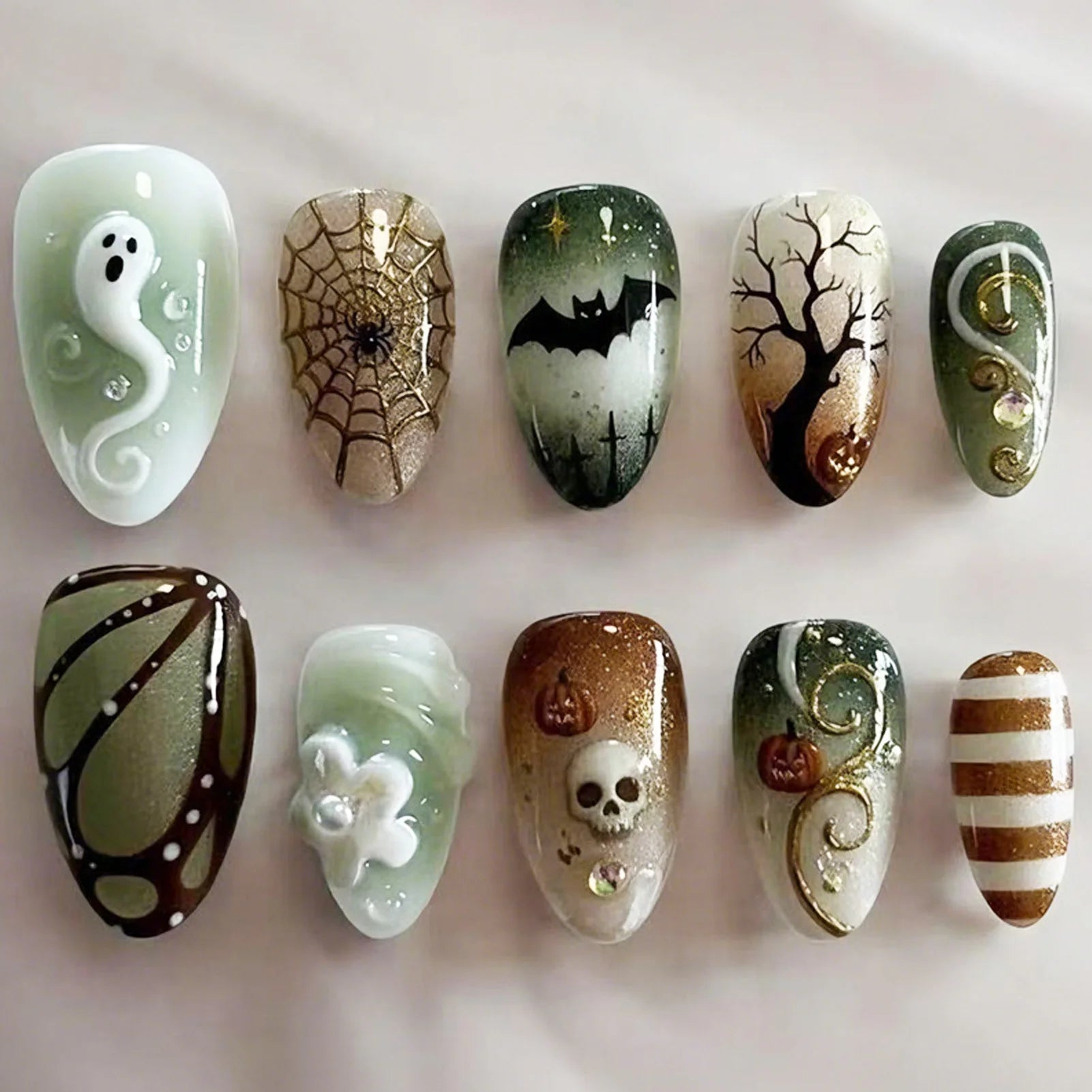 24 Pcs Halloween Ghost & Skull Fake Nails - Green & Brown Press On Nails