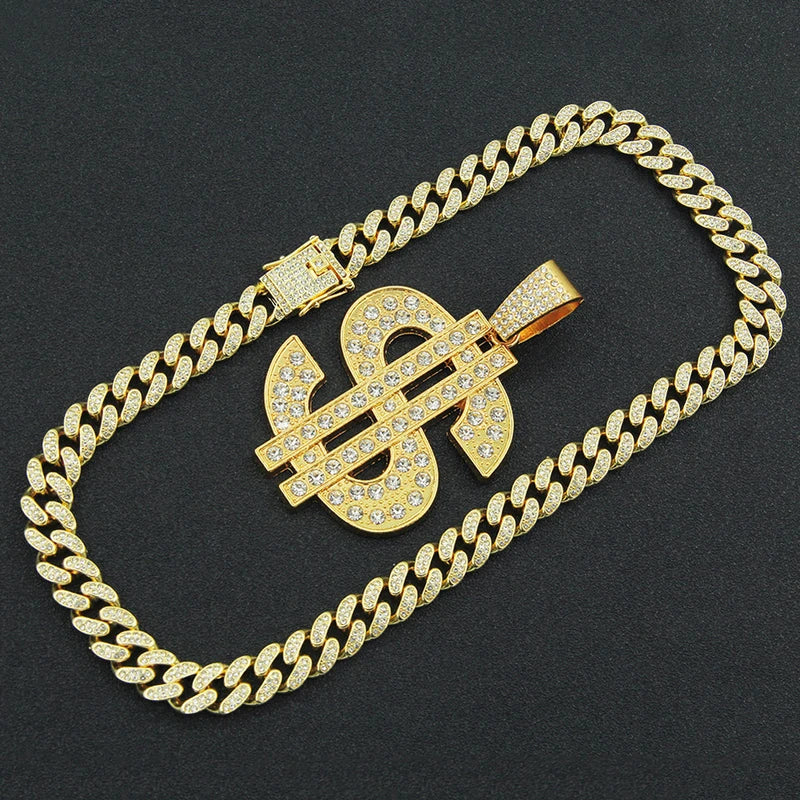 Hip Hop Dollar Pendant Necklace with Cuban Chain - Money Sign Jewelry for Men