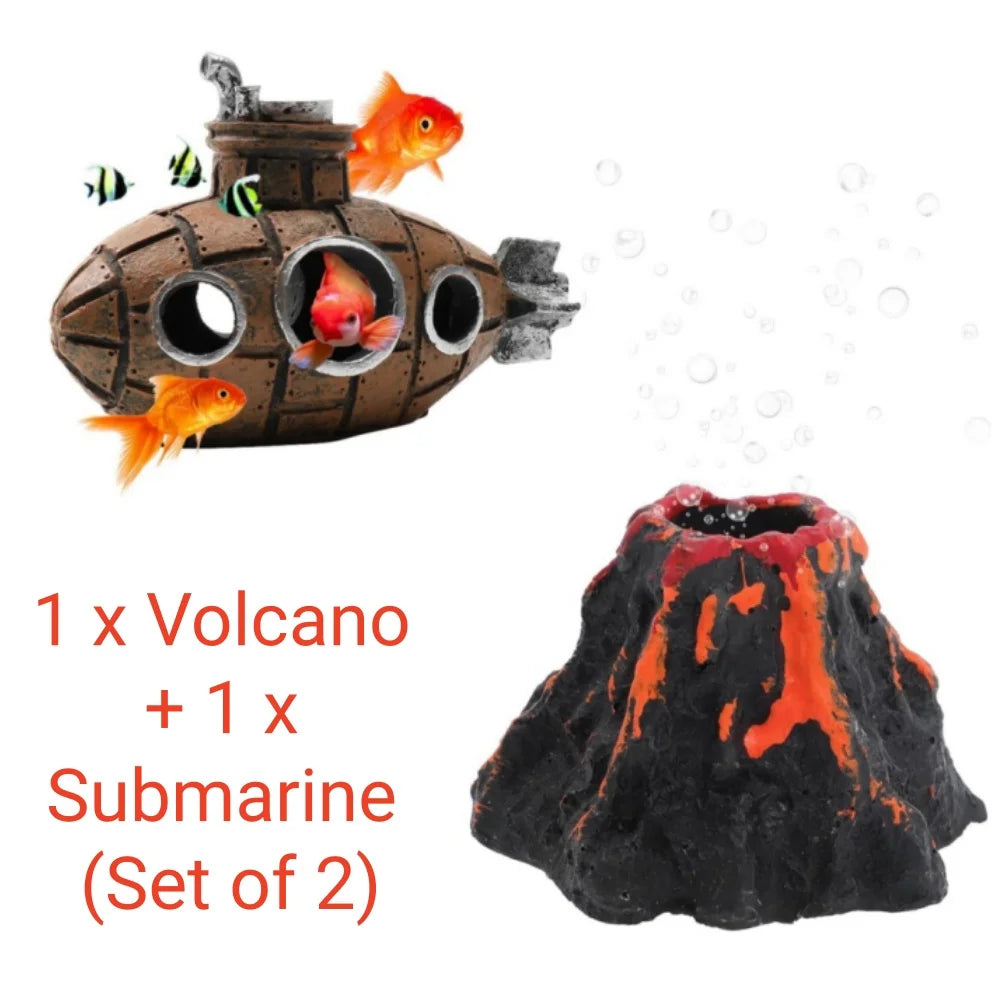 Aquarium Decoration Set Resin Submarine & Volcano Ornaments - Fish Tank Landscape Accessories