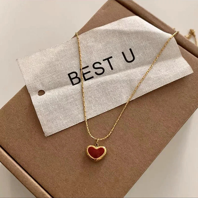 2024 Mother's Day Red Heart Pendant Necklace for Women - Stainless Steel Gold Chain Jewelry