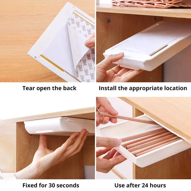 Self-Adhesive Under-Desk Storage Drawer Box for Office and Makeup Organization