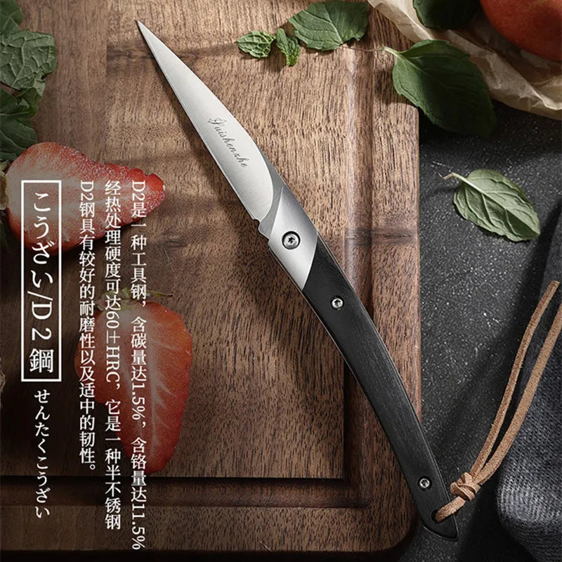 Foldable Fruit Knife with D2 Steel Blade and Ebony Handle - Portable Kitchen Tool