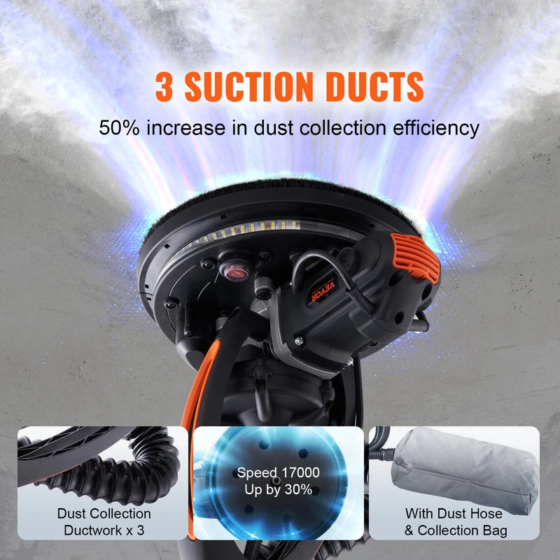900W Drywall Sander with Dust Collection, Variable Speed & Self-Suction Handle