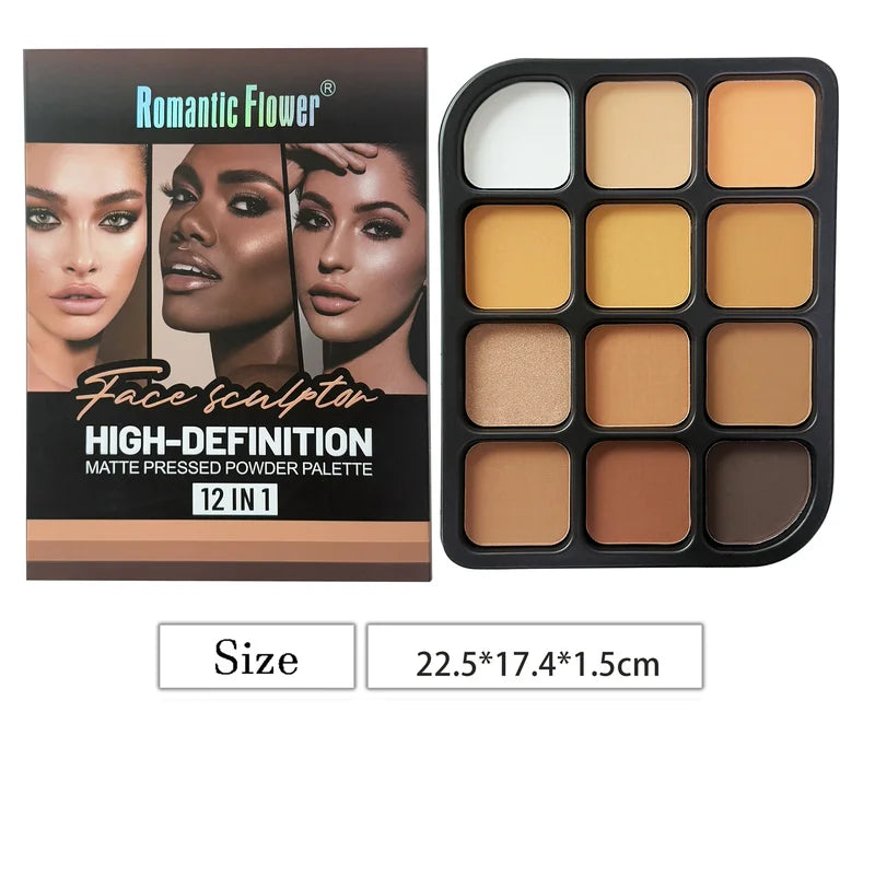 12-Color Matte Contour Palette Face Makeup Kit - Full Coverage & Highlighter