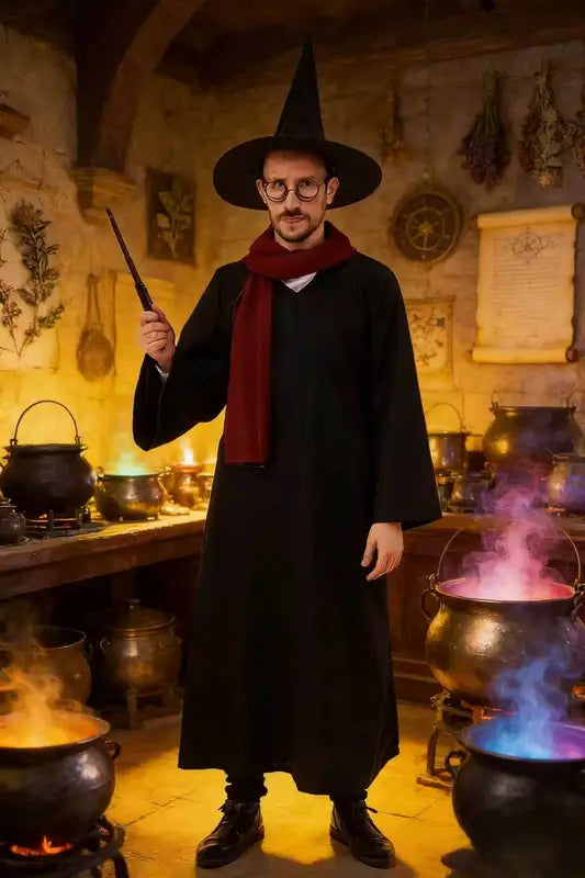 Halloween Wizard Costume Accessory Set with Witch Hat Glasses and Magic Wand - Cosplay Props