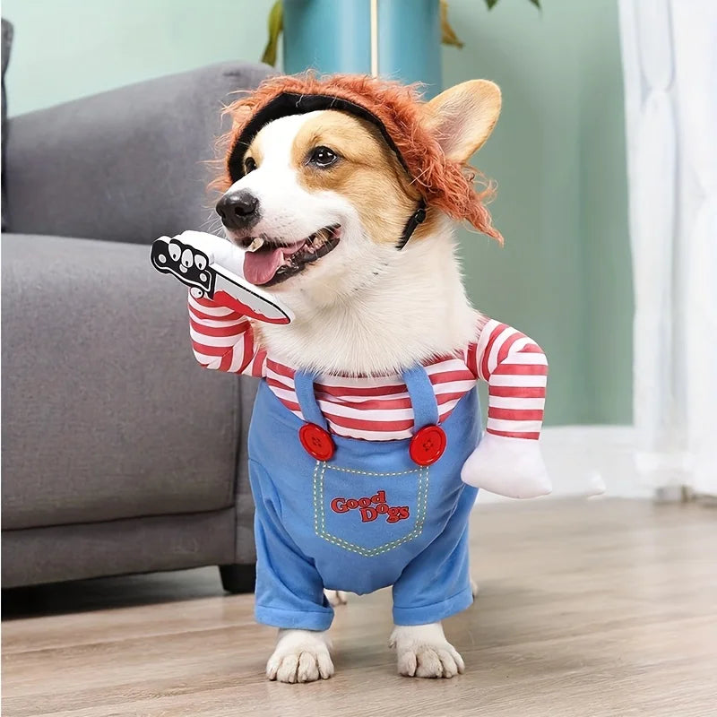 Halloween Pet Dog Costume with Bloody Doll & Knife for Holiday Party - Multiple Sizes