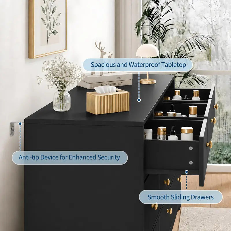 Modern 9-Drawer Dresser with Gold Handles, 57-Inch Wide Storage Chest