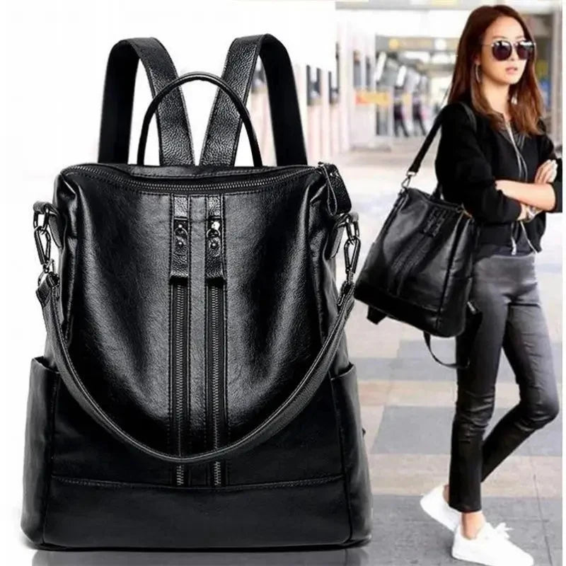 Women’s Large Capacity Leather Backpack - Casual School Shoulder Bag for Travel & College