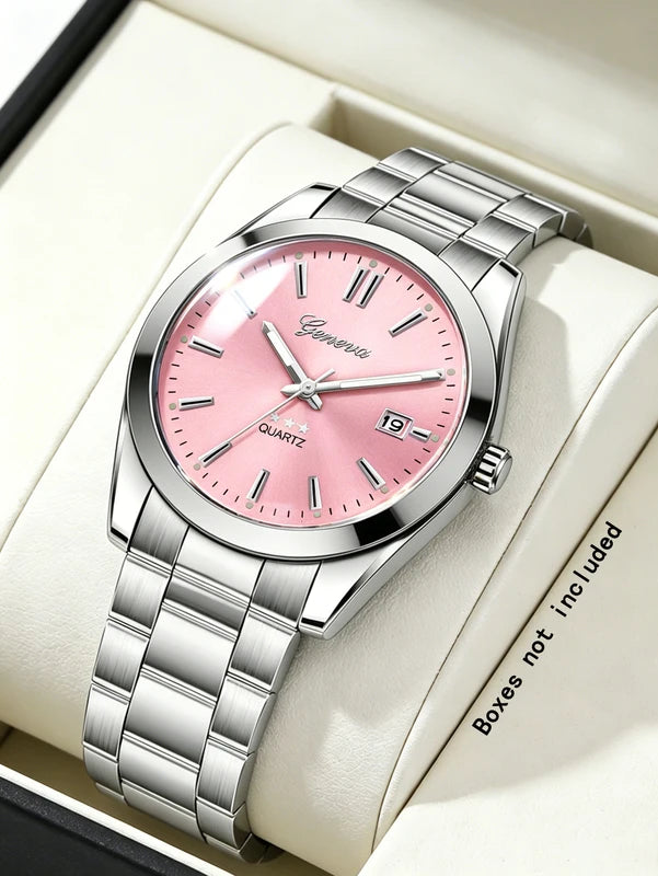 Ladies Quartz Watch with Steel Band, Calendar, Minimalist Design - Daily Fashion Accessory