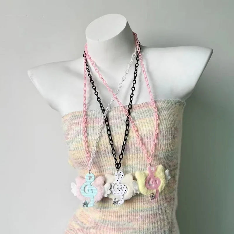 Y2K Harajuku Angel Cat Necklace with Plush Dotted Pendant - Subculture Style