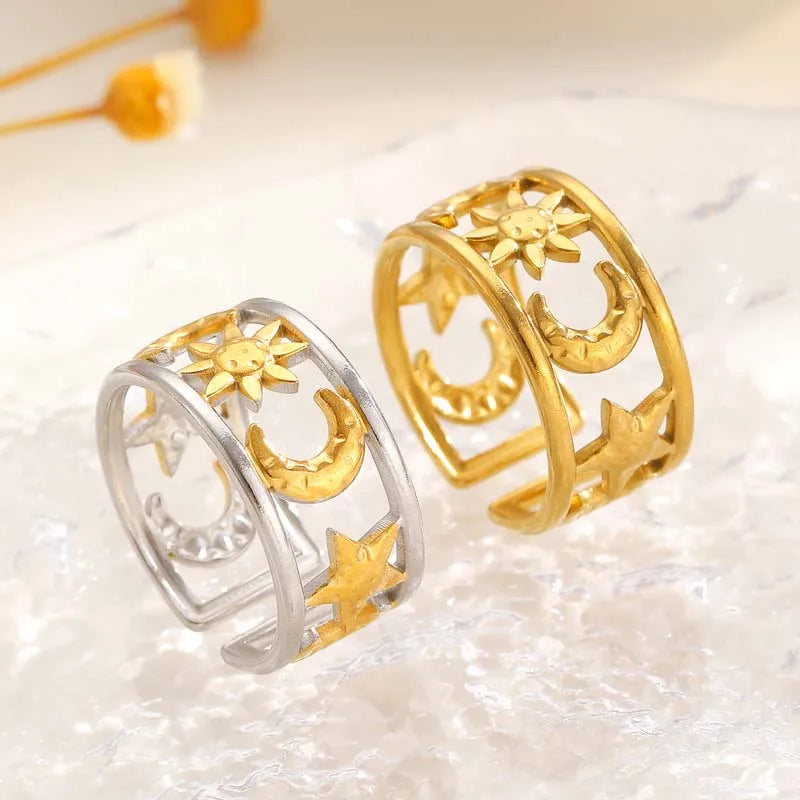 Minimalist Star & Moon Double Layer Open Rings - Waterproof Stainless Steel Jewelry Gift