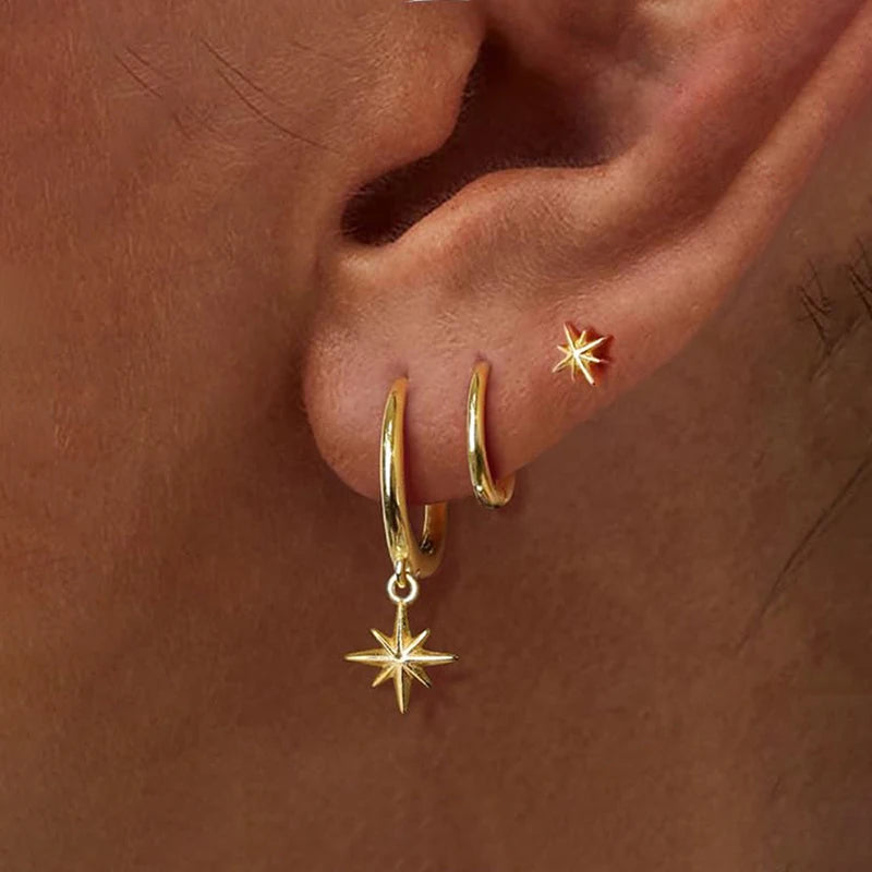 3 Piece Star Drop Earrings Set for Women and Men - Stainless Steel, Gold Plated, Dangle Jewelry