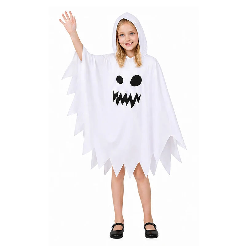 White Ghost Halloween Costume Cloak with Glowing Hood for Cosplay and Carnival