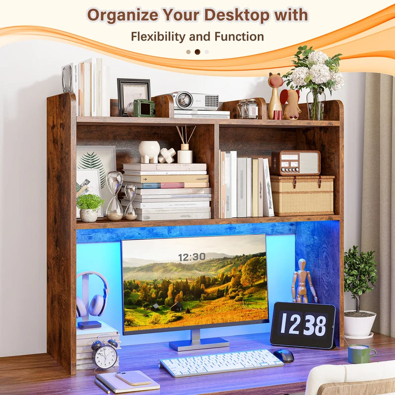 3-Tier Desk Hutch with LED Lighting and 6 Shelves - Space-Saving Office Organizer