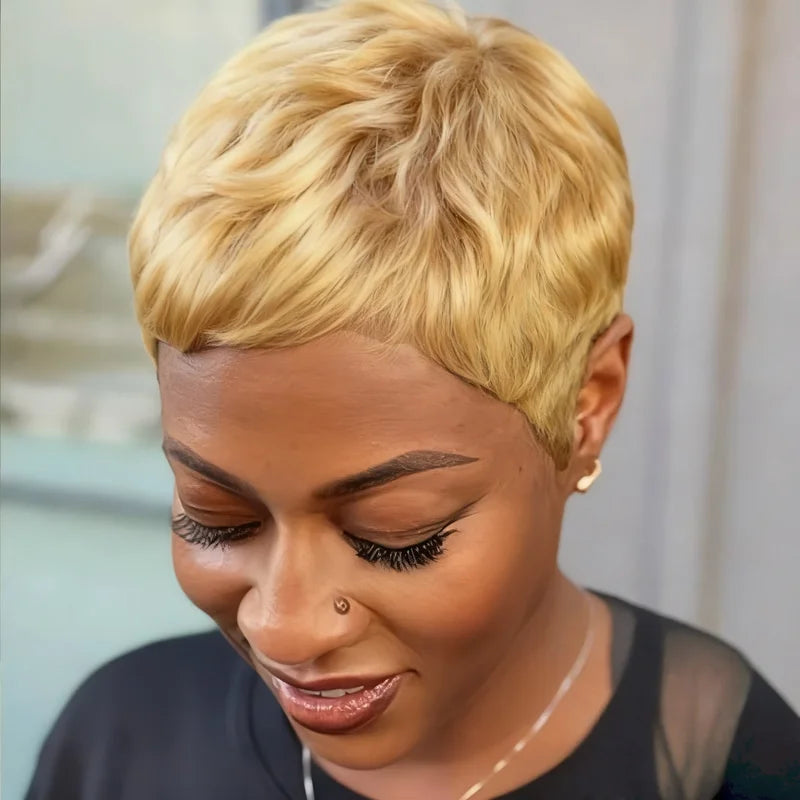 Natural Look Human Hair Pixie Cut Wig with Bangs - Full Machine Wig