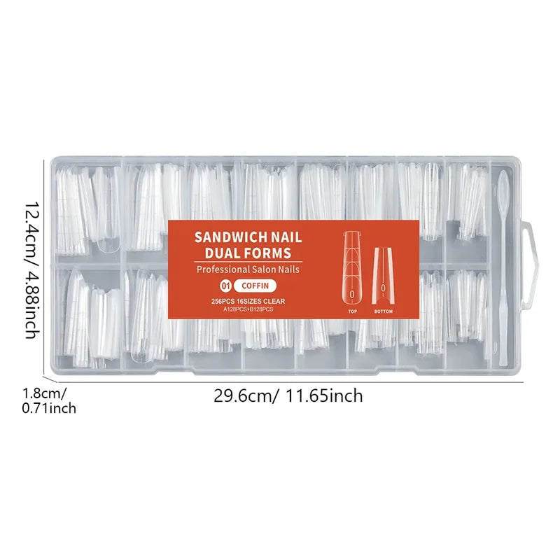 Reusable Gel Nail Extension Forms Set - Coffin & Almond Shapes, 16 Sizes, 256 Pieces