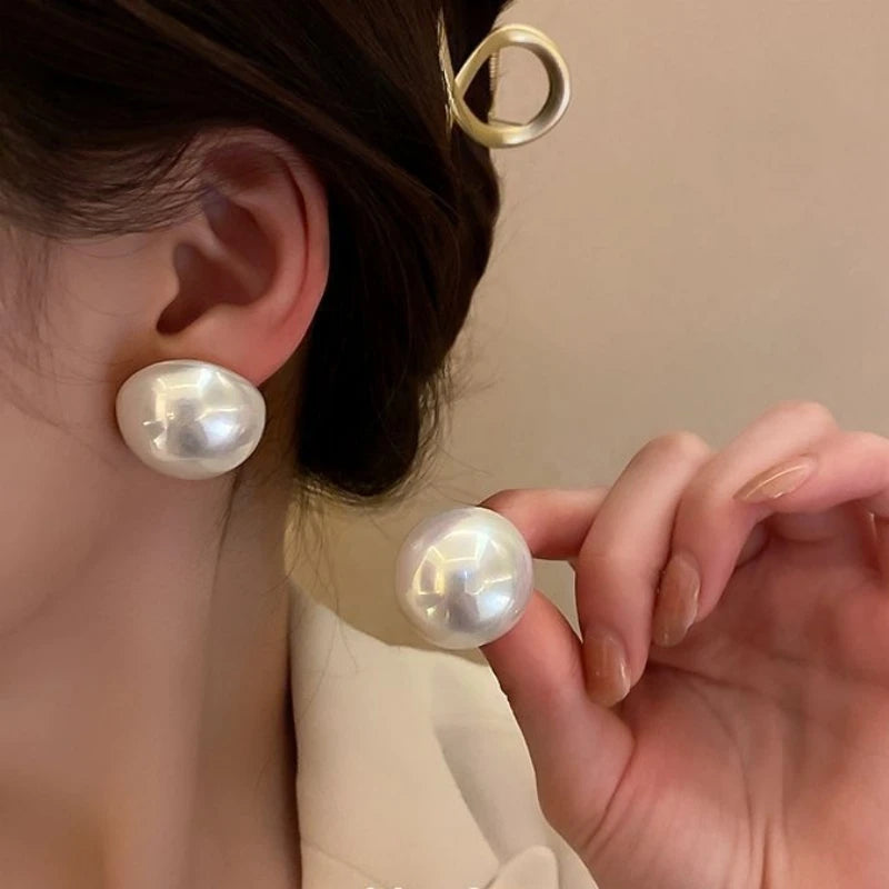Big Imitation Pearl Stud Earrings - Minimalist Round Jewelry for Women