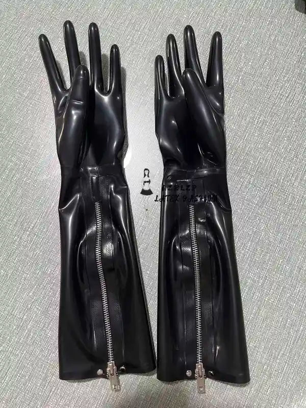 Black Latex Long Gloves with Zipper - Unisex Fashion & Costume Accessory