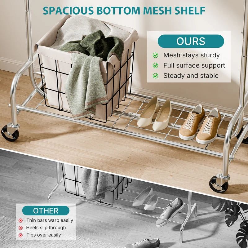 Heavy Duty Clothes Rack with Wheels and Adjustable Top Hanging Rod - Entryway Storage Organizer for Home