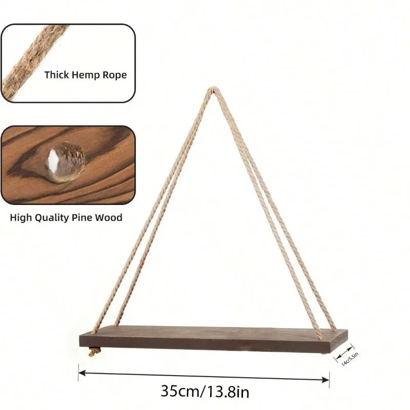 Wooden Floating Wall Shelf with Rope Hanging Plant & Decor Storage