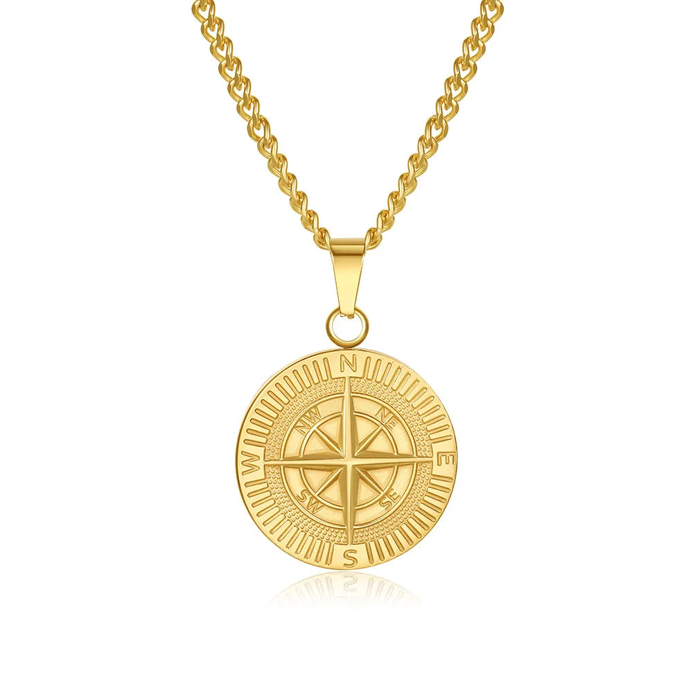 Retro Compass Pendant Necklace Men Stainless Steel Hip Hop Jewelry Gift