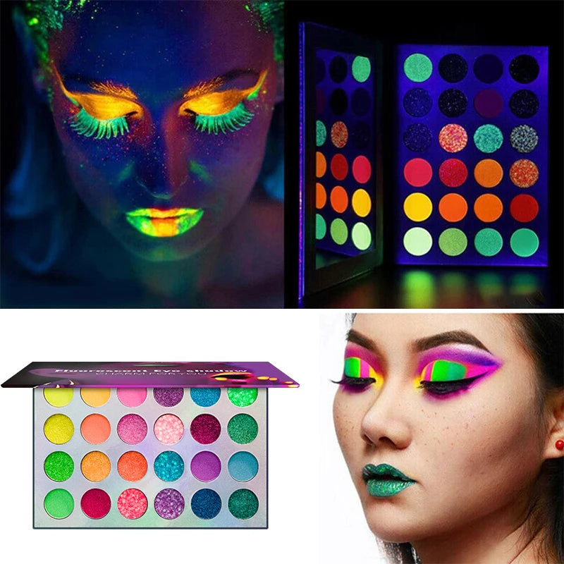 24-Color Neon Rainbow Eyeshadow Palette UV Fluorescent Matte Glitter Waterproof