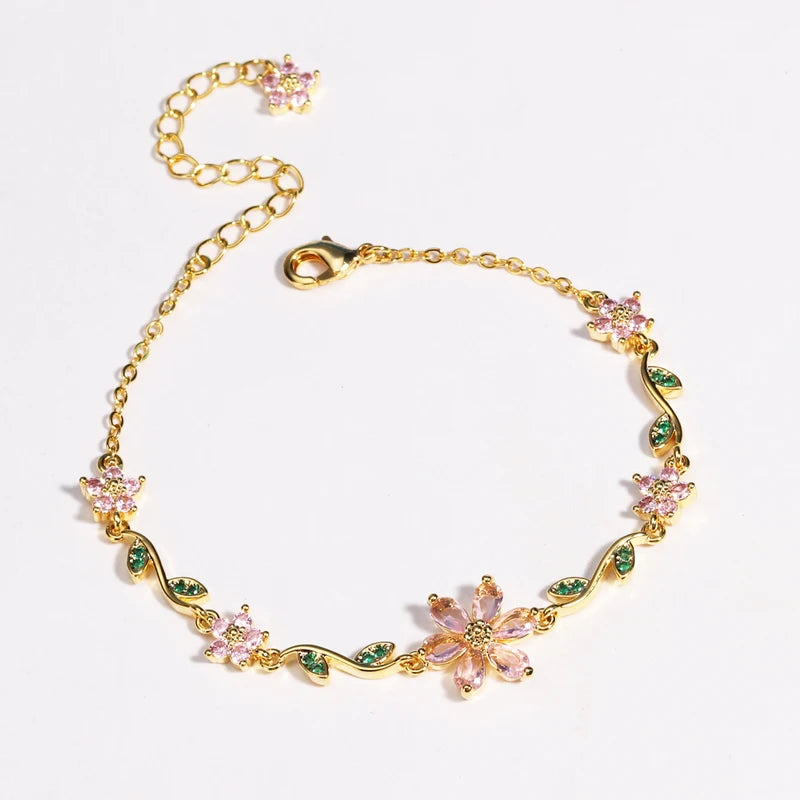 Pink Zirconia Crystal Flower Bow Bracelet for Women Adjustable 18K Gold Plated