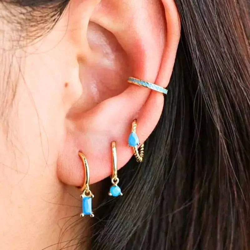 Sterling Silver Turquoise Stud Earrings for Women - Blue Crystal Pendant, Gold Finish