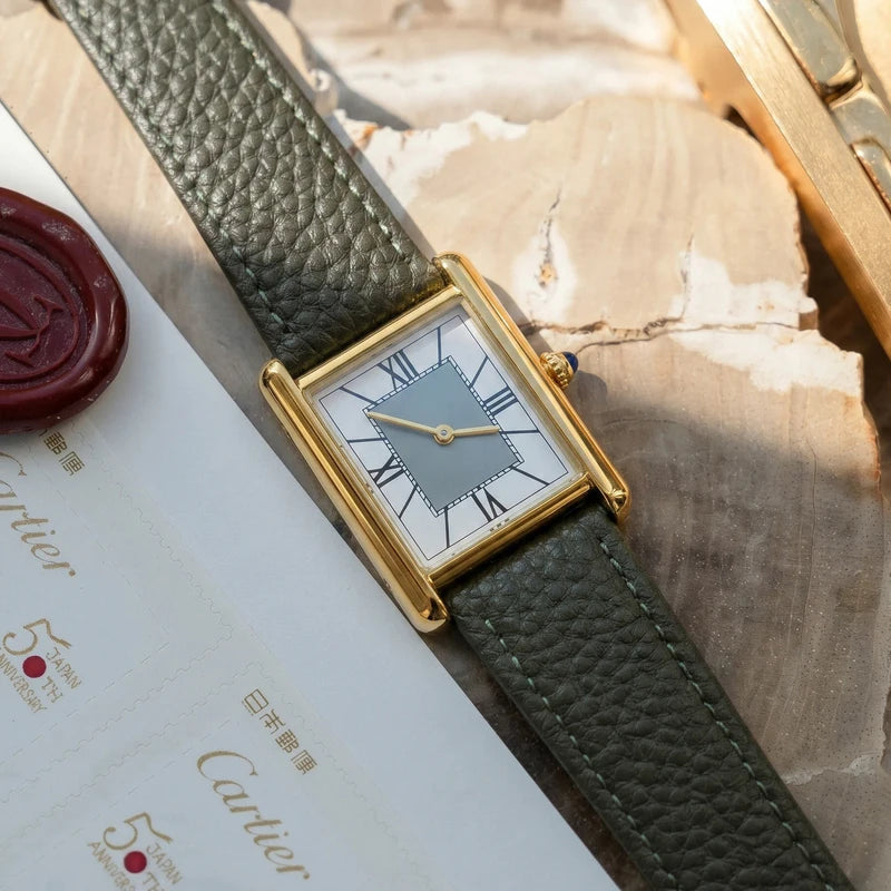 Luxury Minimalist Square Watch - Gold Case, Grey Dial, Green Strap