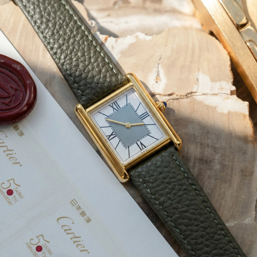 Luxury Minimalist Square Watch - Gold Case, Grey Dial, Green Strap